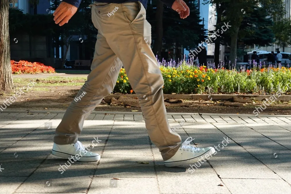 A man walking along a garden path