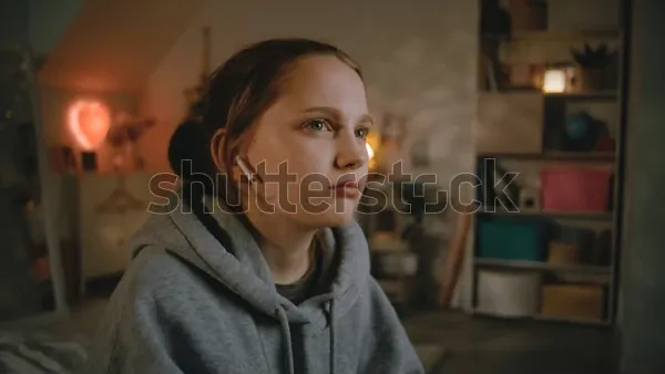 A teenage girl in a grey hoodie sitting in her room
